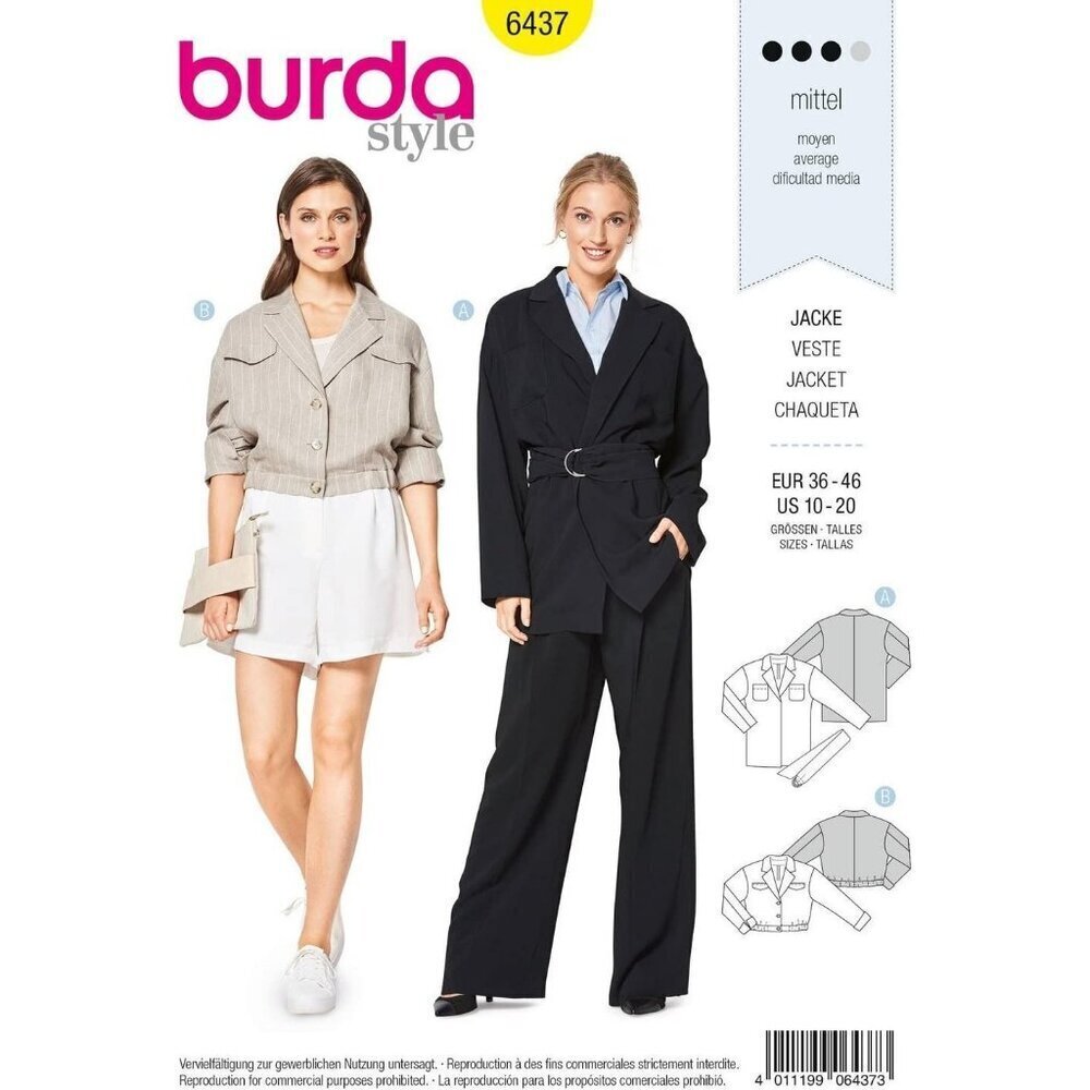 Burda Sewing‎ Pattern 6437 Shirt Blouse Blazer Misses Size 10-20